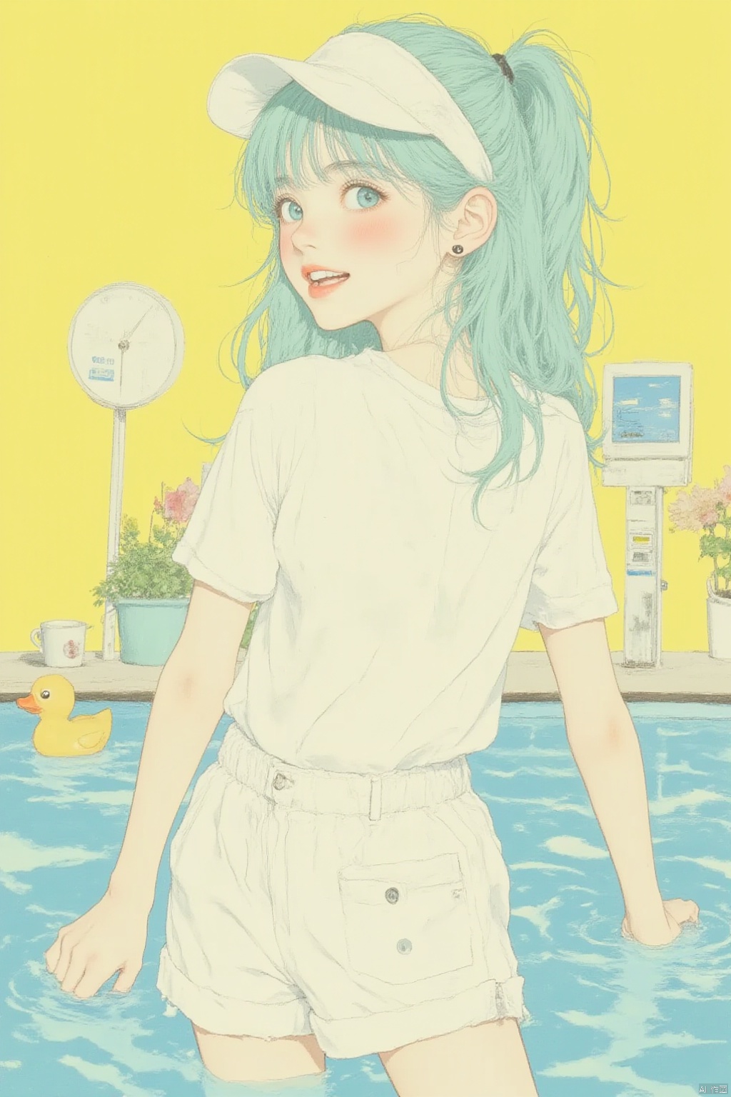 1girl, solo, long hair, looking at viewer, blush, smile, bangs, blue eyes, jewelry, blue hair, upper body, earrings, looking back, water, grin, aqua eyes, aqua hair, yellow background, visor cap, rubber duck, liquid hair