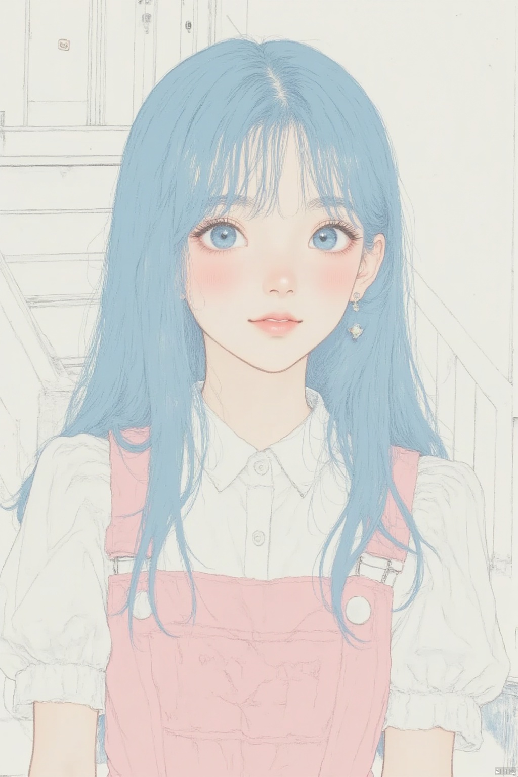 1girl, solo, long hair, looking at viewer, blush, smile, blue eyes, shirt, white background, dress, jewelry, very long hair, closed mouth, blue hair, white shirt, short sleeves, earrings, puffy sleeves, puffy short sleeves, parted bangs, pink dress, stairs