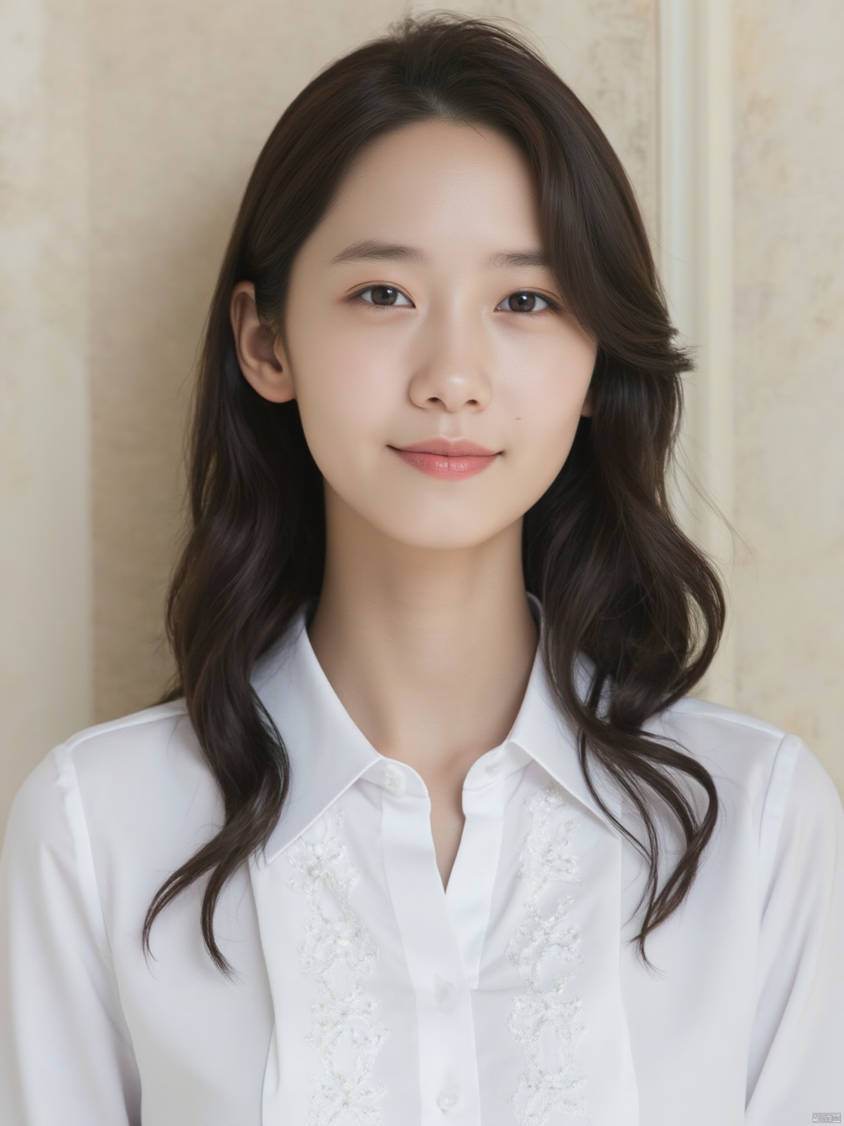 A close-up shot of a young Asian woman with long dark brown hair and brown eyes. She is wearing a white collared button down shirt with white embroidery on the collar. Her lips are a vibrant shade of pink. Her eyebrows are a light brown and her eyes are a darker shade of brown. She has a slight smile on her face. The backdrop is a light beige wall.
