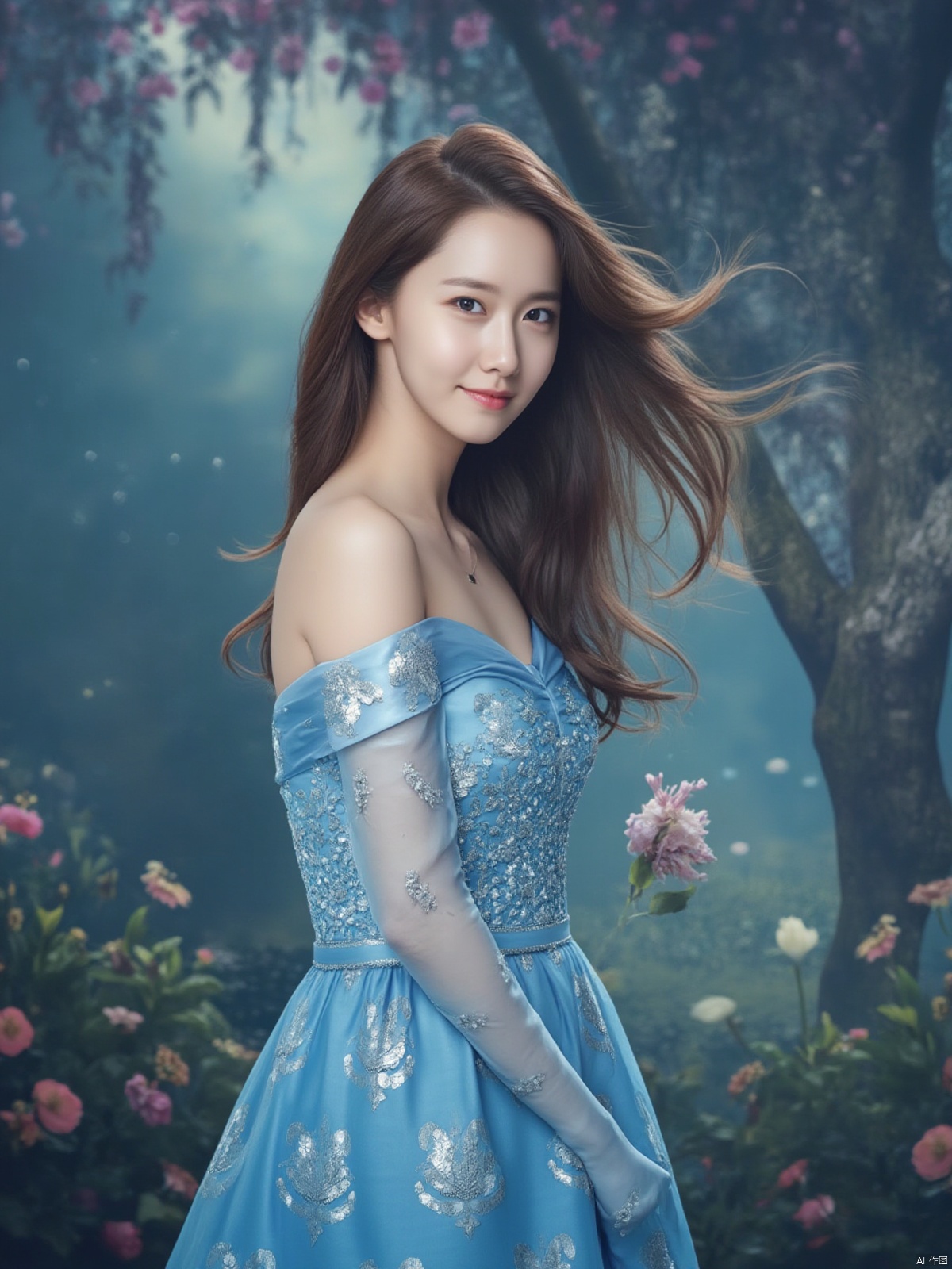 (Good structure),HDR,UHD,8K,A real person,Highly detailed,best quality,masterpiece,1girl,realistic,Highly detailed,(EOS R8, 50mm, F1.2, 8K, RAW photo:1.2),ultra realistic 8k,(best illumination, best shadow, extremely delicate and beautiful),(official art, beautiful and aesthetic:1.2),solo,1girl,long hair,Wind,flowing hair,kind smile,pose for picture,looking_at_viewer,perfect body,wedding dress,(blue dress),(blue theme),jewelry,Garden background,(Floating flower),flowers, Lego minifigure