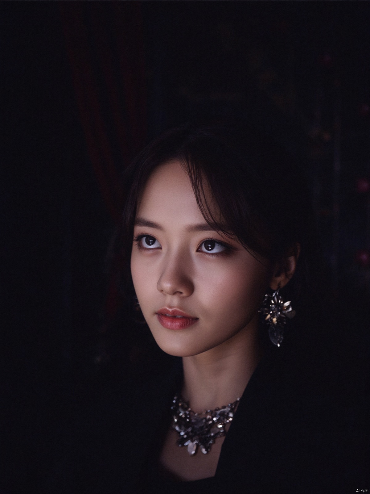 ( chiaroscuro,Fujicolor, UHD, super detail ,raw,85mm,f/1.2,FujifilmXT4,), 1girl, solo, earrings, jewelry, black hair, lips