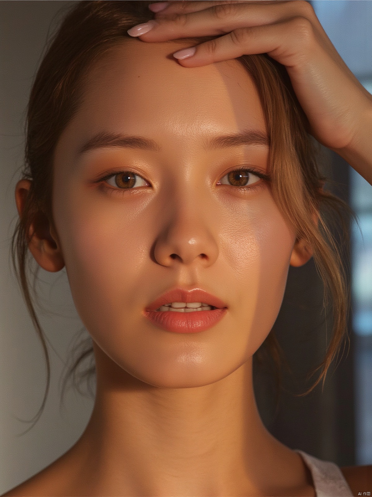 A captivating close-up shot of a stunning woman's face, captured under the iconic 35mm Kodak camera. The lens frames her features with precision, emphasizing the curves of her cheekbones and the gentle slope of her nose. Soft, golden light from above illuminates her porcelain skin, accentuating the subtle contours of her eyebrows and the delicate shape of her lips. Her eyes, like two shimmering pools of sapphire, seem to hold a thousand secrets, inviting the viewer to linger and behold her beauty.