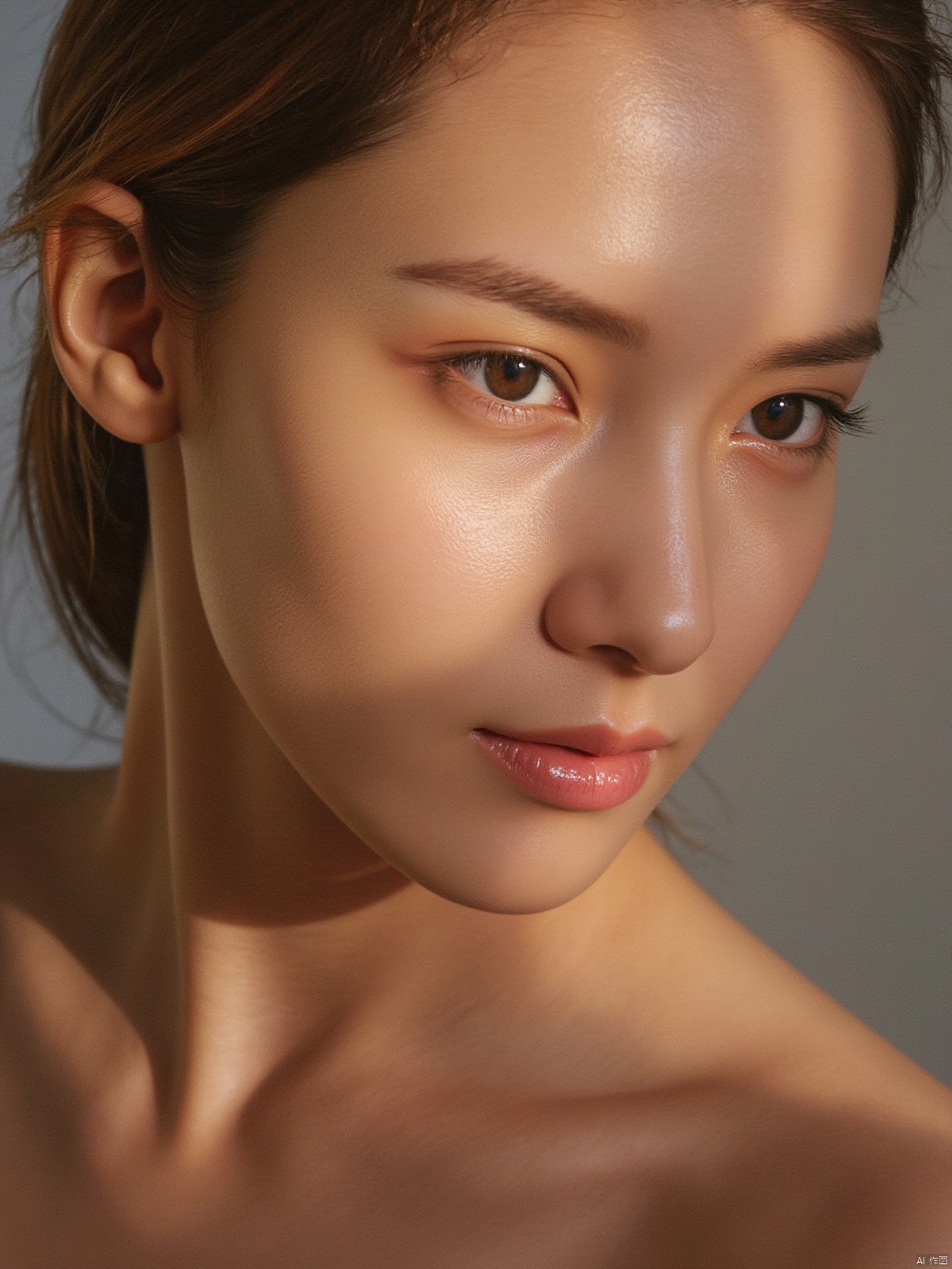 A captivating close-up shot of a stunning woman's face, captured under the iconic 35mm Kodak camera. The lens frames her features with precision, emphasizing the curves of her cheekbones and the gentle slope of her nose. Soft, golden light from above illuminates her porcelain skin, accentuating the subtle contours of her eyebrows and the delicate shape of her lips. Her eyes, like two shimmering pools of sapphire, seem to hold a thousand secrets, inviting the viewer to linger and behold her beauty.
