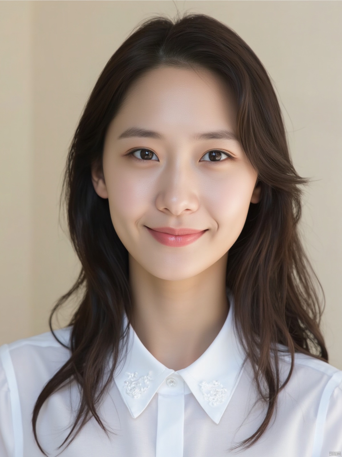 A close-up shot of a young Asian woman with long dark brown hair and brown eyes. She is wearing a white collared button down shirt with white embroidery on the collar. Her lips are a vibrant shade of pink. Her eyebrows are a light brown and her eyes are a darker shade of brown. She has a slight smile on her face. The backdrop is a light beige wall.