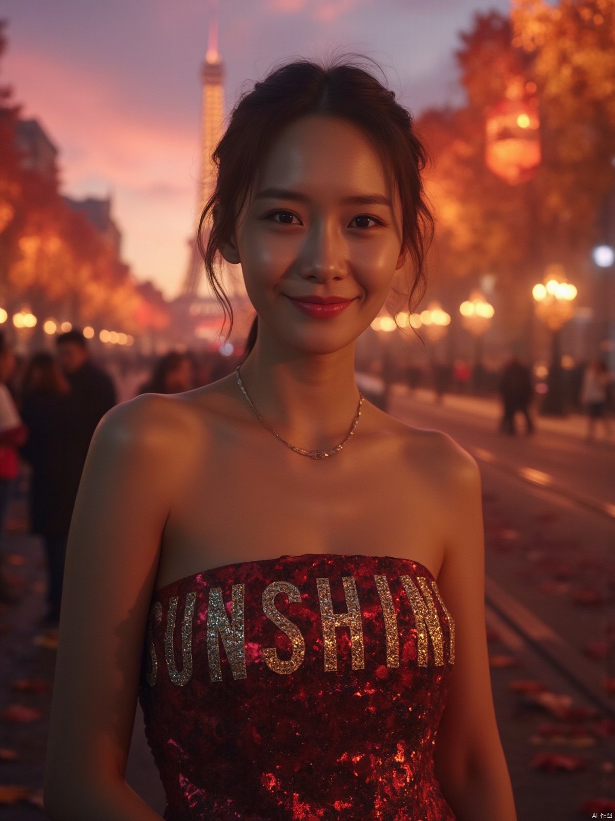 Here is a prompt for creating an exquisitely detailed image based on your description: A cinematic shot taken on the iconic Champs Elysées in Paris at dusk in autumn, as the sun dips below the horizon casting a warm glow (film grain: 1.2). A stunning Chinese woman, wearing a strapless low-cut long dress with intricate details and natural skin texture, stands out against the majestic Eiffel Tower's backdrop. Her radiant smile illuminates her deep cleavage, highlighting her plump breasts, as she proudly displays the bust of her dress featuring bold golden letters 'SUNSHINE'. The fallen leaves on the ground glisten with a warm golden light, reflecting the vibrant colors of the setting sun. Captured using Fujifilm XT3, in 4K resolution, this unity 8k wallpaper boasts ultra-detailed skin texture and finely detailed facial features, showcasing an exquisitely realistic masterpiece.