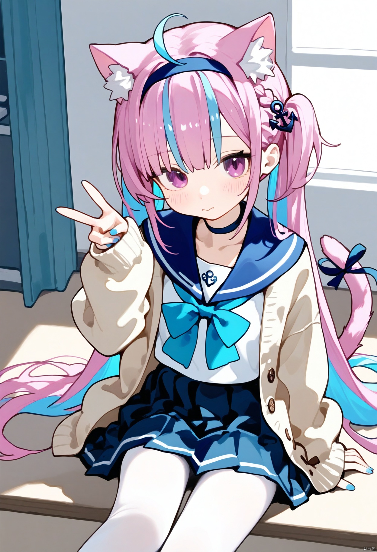 Elite,1girl, solo, long hair, looking at viewer, blush, bangs, skirt, shirt, hair ornament, long sleeves, bow, ribbon, animal ears, twintails, sitting, very long hair, closed mouth, school uniform, blue hair, purple eyes, collarbone, jacket, tail, white shirt, pink hair, braid, ahoge, pantyhose, multicolored hair, pleated skirt, hairband, frills, open clothes, serafuku, choker, indoors, virtual youtuber, cat ears, hand up, sailor collar, nail polish, two-tone hair, blue skirt, streaked hair, cat tail, animal ear fluff, sleeves past wrists, v, blue bow, cardigan, blue ribbon, cat girl, blue sailor collar, blue nails, white pantyhose, colored inner hair, anchor symbol, tail ornament, tail raised, blue hairband, anchor hair ornament, blue choker, tail ribbon, minato aqua
