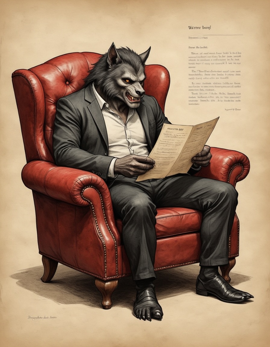 illustration on parchment of a werewolf,  seated in a plush red leather armchair,  reading a script for a television role...