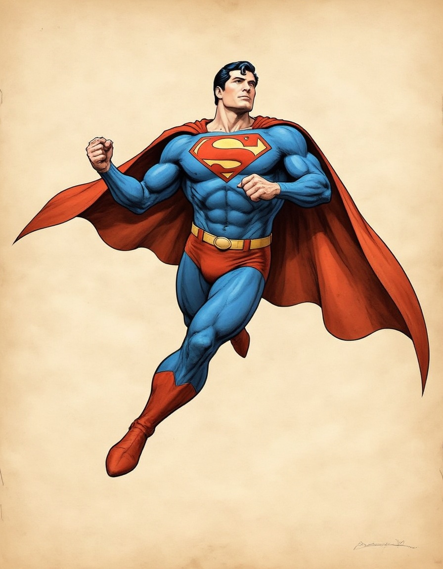 illustration on parchment of superman in a flight striking a powerful pose on Tensor.Art