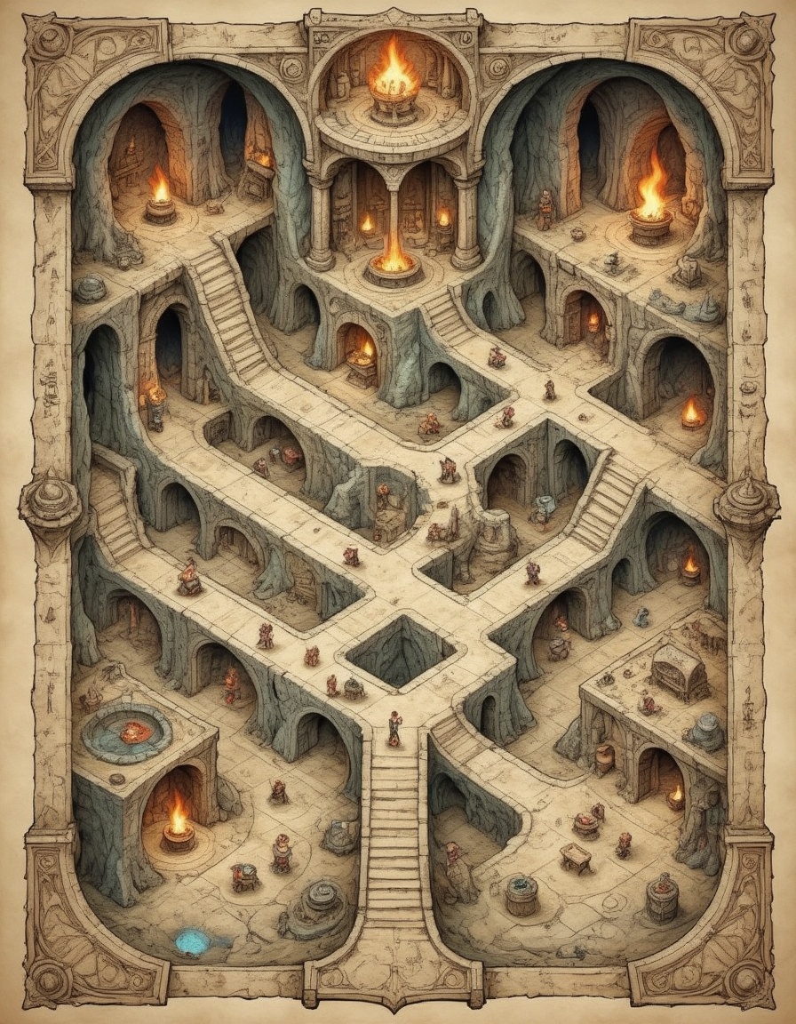 illustration on parchment,  dwarven subterranean underground passages and vast halls with marble columns,  fire braziers o...
