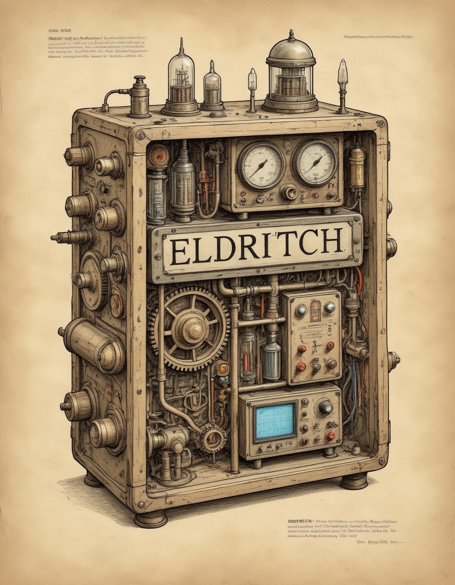 illustration on parchment of a mysterious electronic machine with brass gears and exposed inner wiring and vacuum tubes wi...