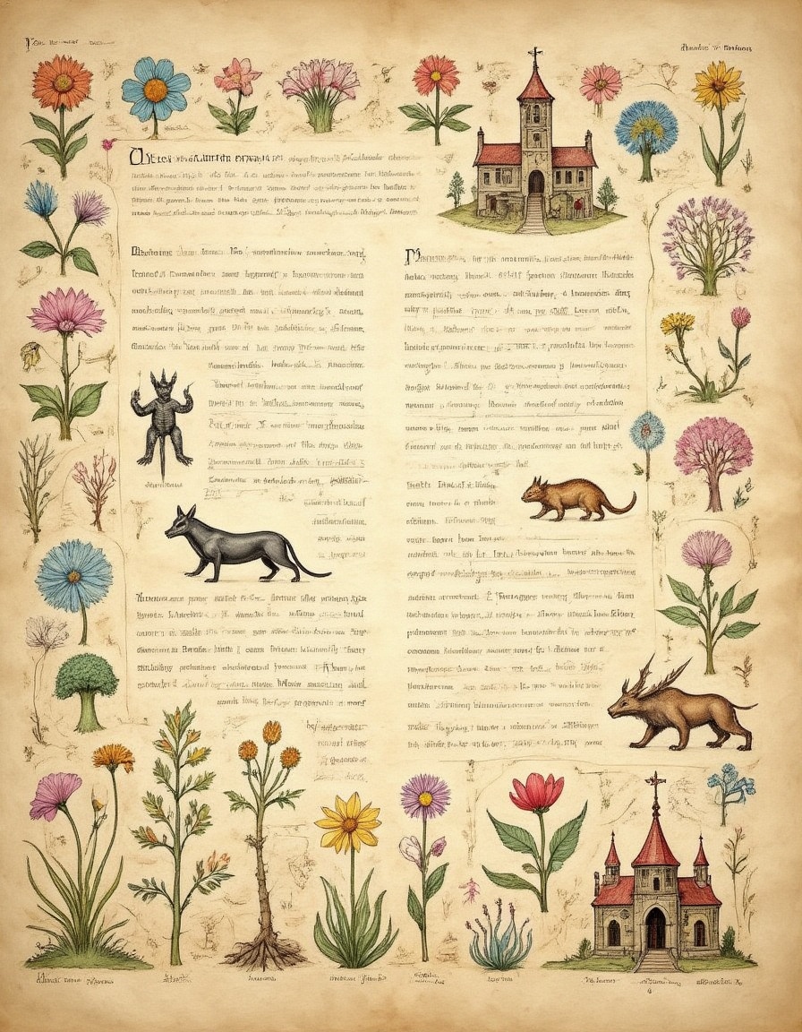 a lost parchment page from the Voynich manuscript with illustrations of little beasts and plants and inscrutable tiny buil...
