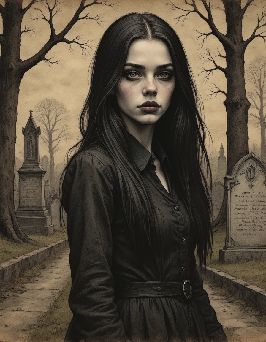 head and shoulders closeup portrait of a goth girl in a cemetery late afternoon among tall trees and elaborate grave stone...