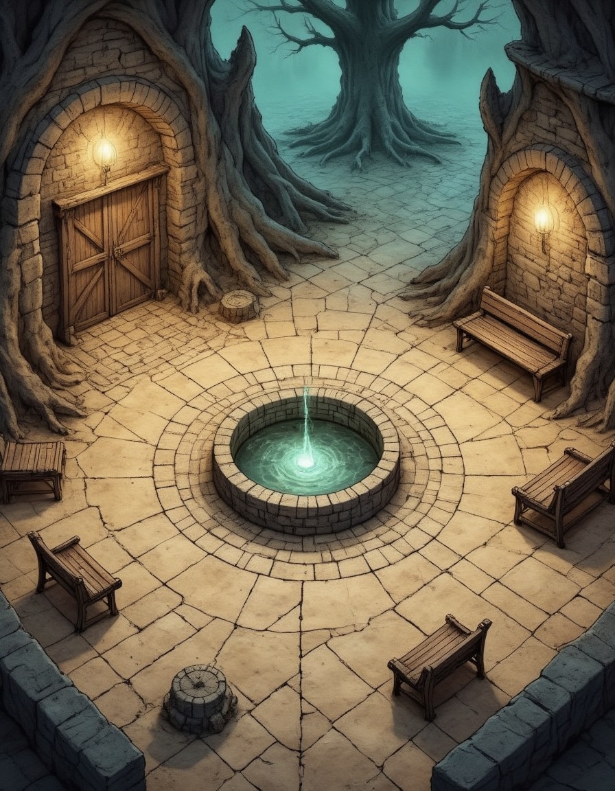 top down view of an rpg battlemap around a well and benches expert cartography D&D fantasy horror creature magical glowing...