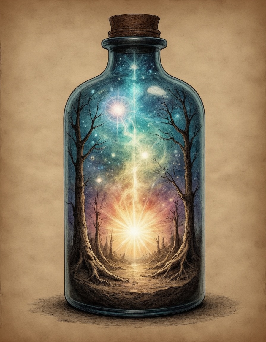 black and color pencil on parchment Dappled Light the universe in a large bottle Dreamlike Surreal landscapes Mystical cre...