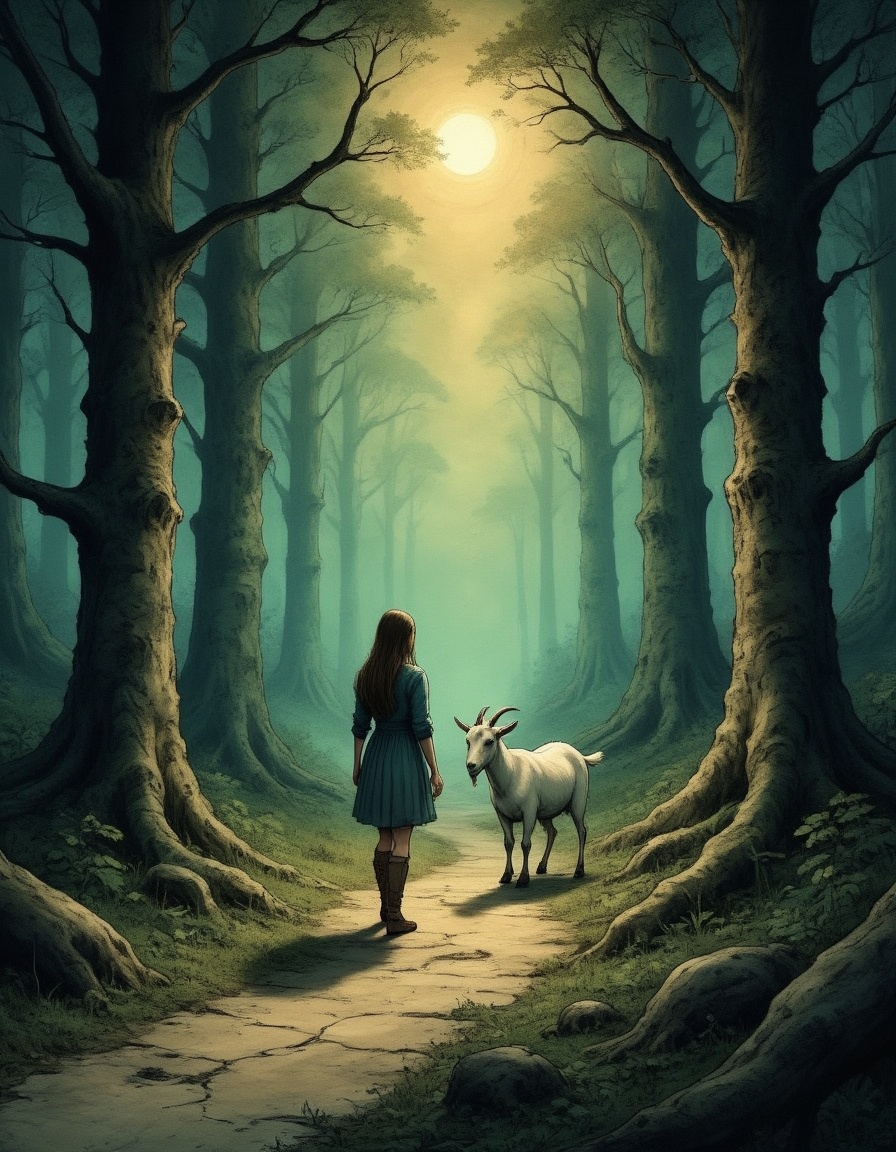 a young woman and her goat travel through a fantasy forest along a deep ominous trail with mysterious luminous glow from t...
