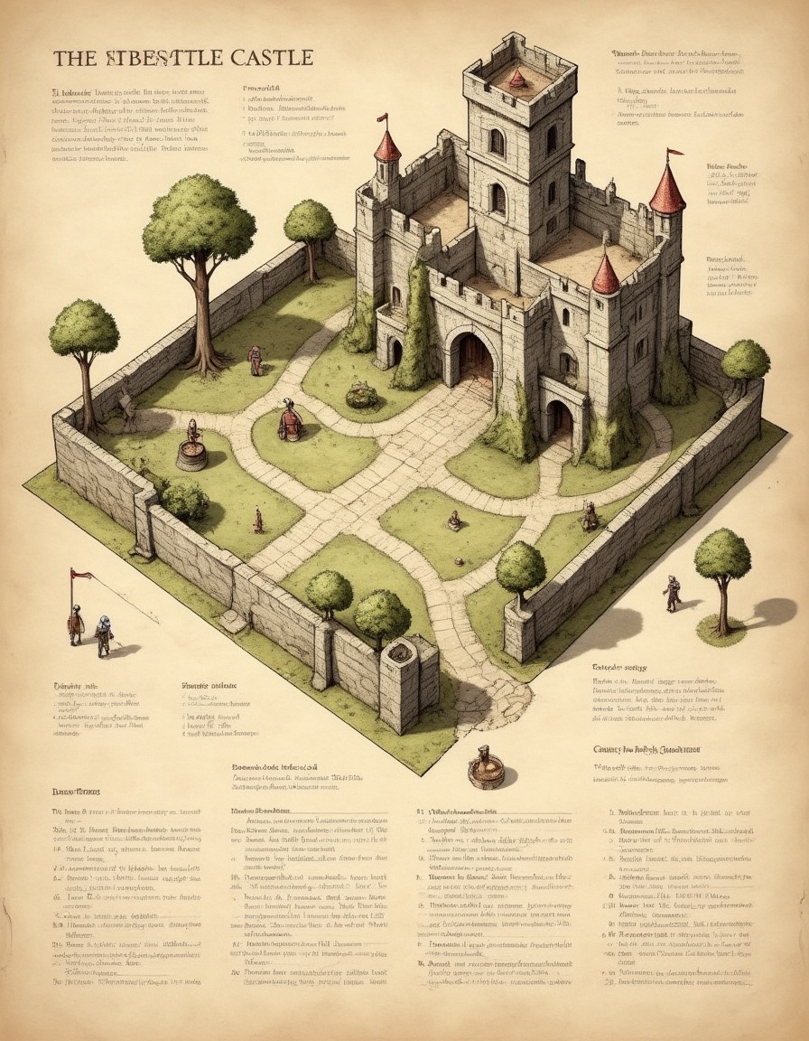 isometric diagram of a castle grounds with high stone walls and turrets,  trees,  well on Tensor.Art