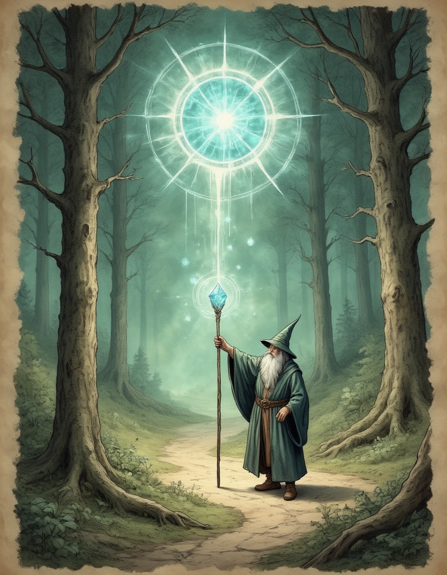 wizard in a forest clearing holding his crystal-topped staff aloft casting magic summoning a portal,  glowing magic trails...