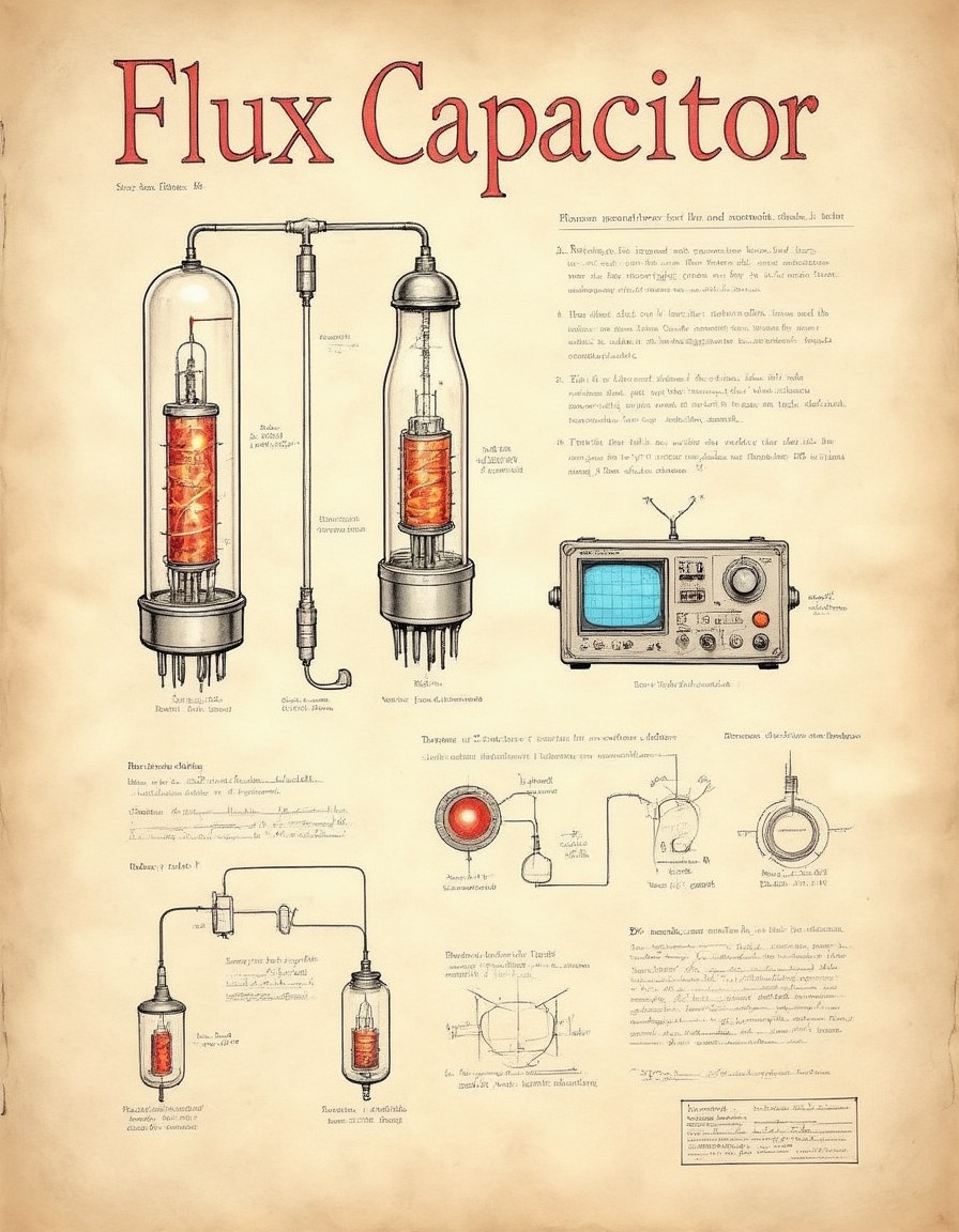 a diagram and schematic on parchment of a flux capacitor with vacuum tubes and readout display and oscilloscope. Color was...
