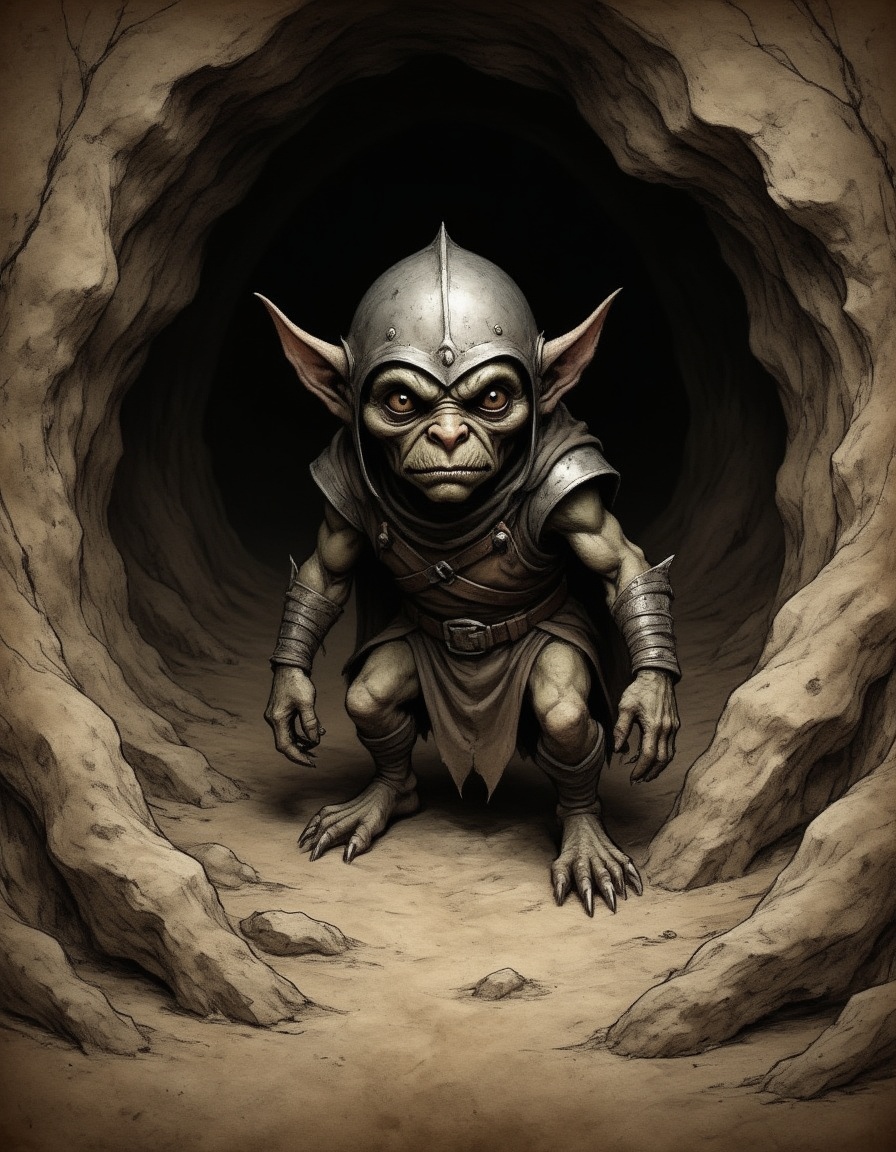 on parchment diminutive goblin wearing a metal helmet and leather tunic emerging from the shadows of a long cave wiry arms...
