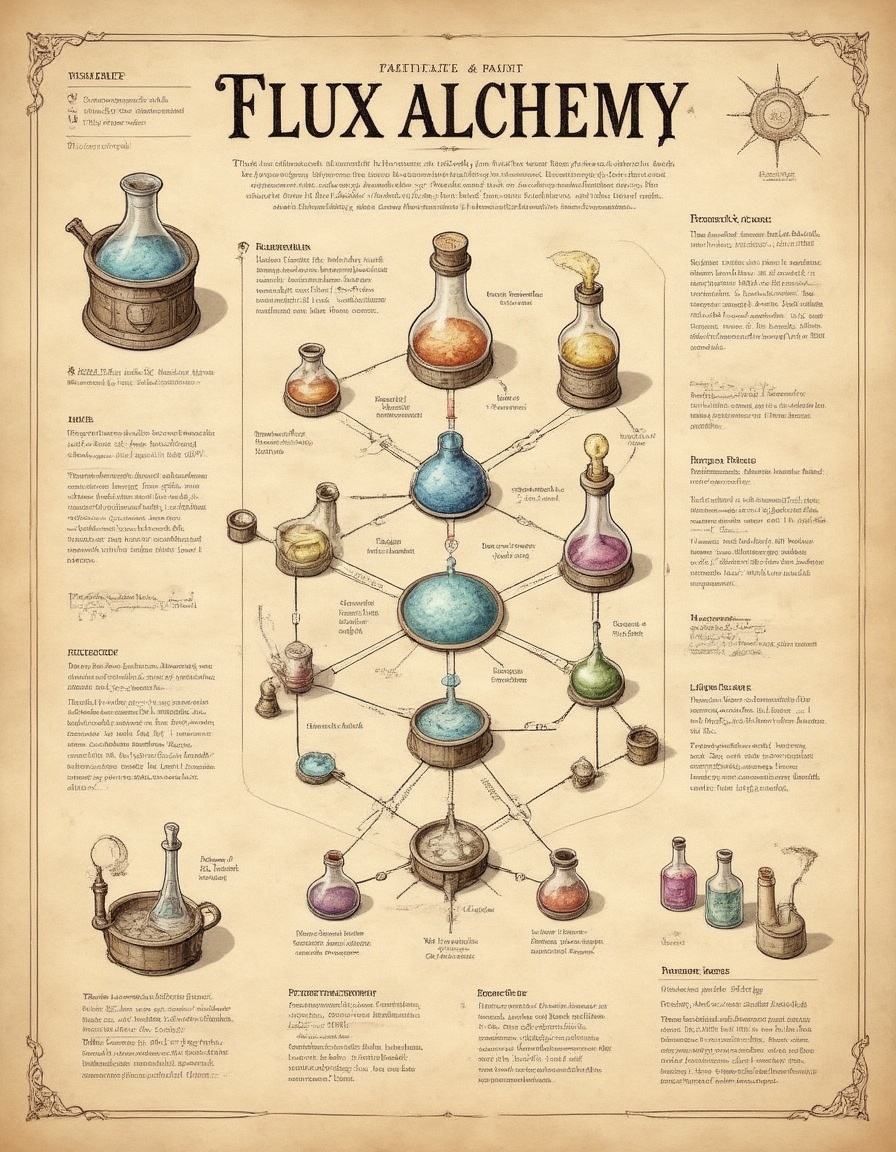 diagram of the multi-step process for the alchemical distillation of stardust and earth minerals to an elixir of potent ma...