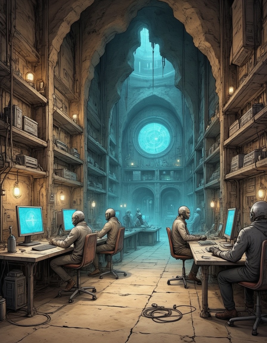 a cyberpunk base in the Ellora Caves with silver-brass robots cybersteampunk technicians at glowing computer panels cables...