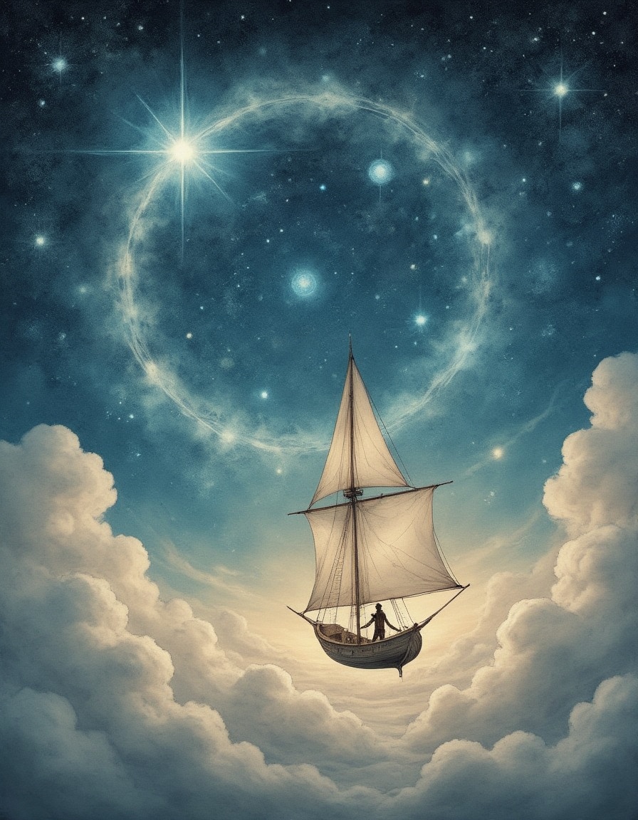 illustration on parchment,  a magic flying explorer is approaching the pleiades aboard a magical sailboat in the sky amids...