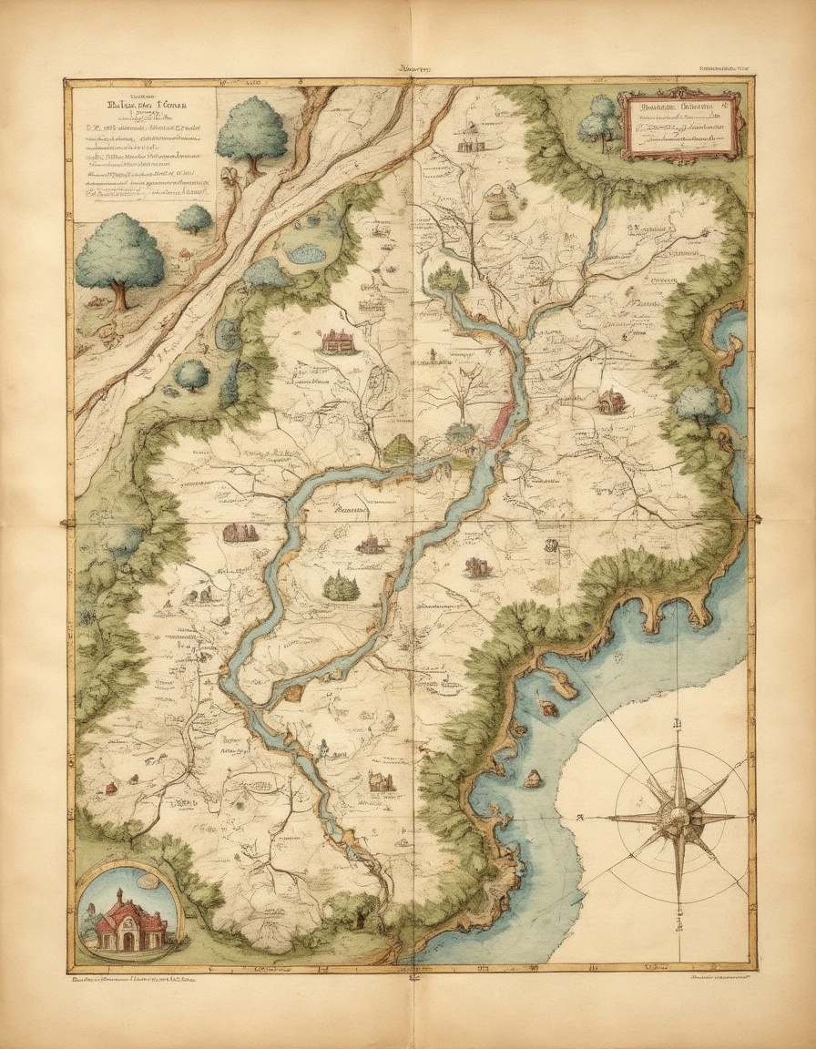 on parchment top-down view map with elaborate annotated roads and rivers pictographic depictions of forests and mountains...