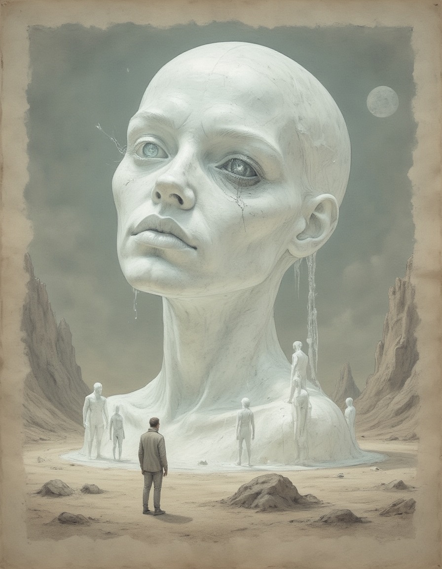 on parchment a crystal sculpture installation by Ismail Inceoglu of figures with half their heads missing and empty eye so...