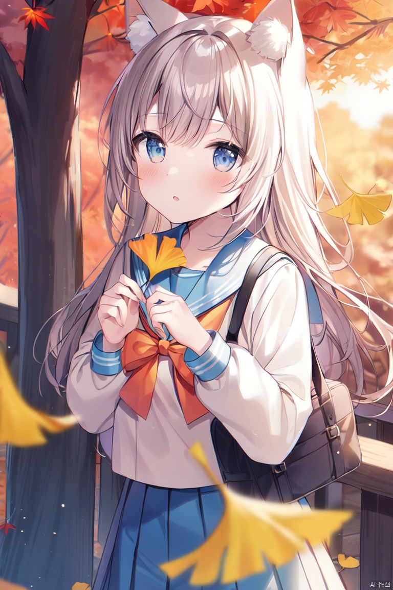 1girl,blurry, depth_of_field, autumn_leaves, autumn, blurry_background, blurry_foreground, maple_leaf, leaf,  falling_leaves, tree, solo, ginkgo_leaf, holding_leaf, animal_ears, long_hair, sunset, sailor_collar, long_sleeves, school_uniform, animal_ear_fluff, branch, bow,@ @