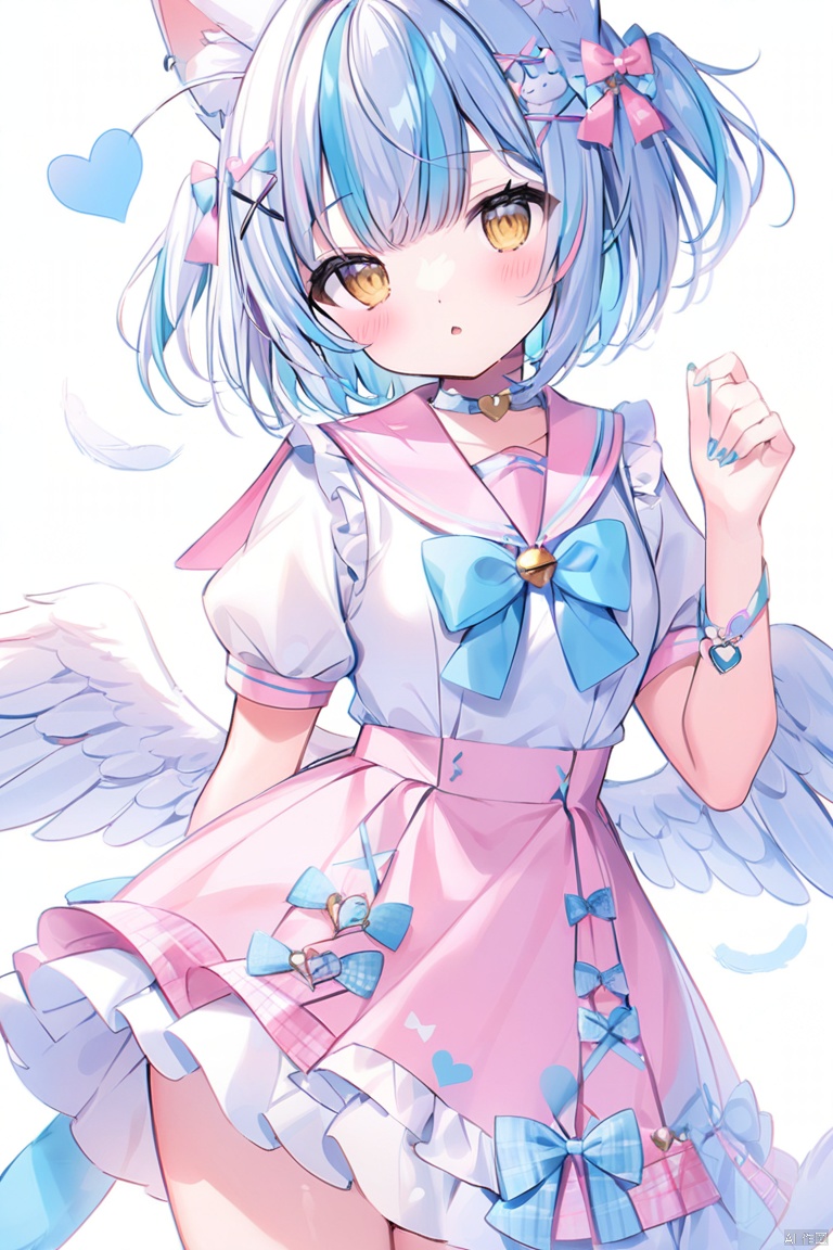1girl, solo, looking at viewer, blush, short hair, bangs, skirt, shirt, hair ornament, white background, bow, animal ears, blue hair, standing, yellow eyes, white shirt, ahoge, short sleeves, heart, multicolored hair, cowboy shot, frills, parted lips, wings, puffy sleeves, virtual youtuber, cat ears, hand up, bowtie, sailor collar, nail polish, puffy short sleeves, streaked hair, animal ear fluff, head tilt, plaid, bell, blue bow, x hair ornament, feathered wings, pink skirt, arm behind back, kemonomimi mode, pink sailor collar