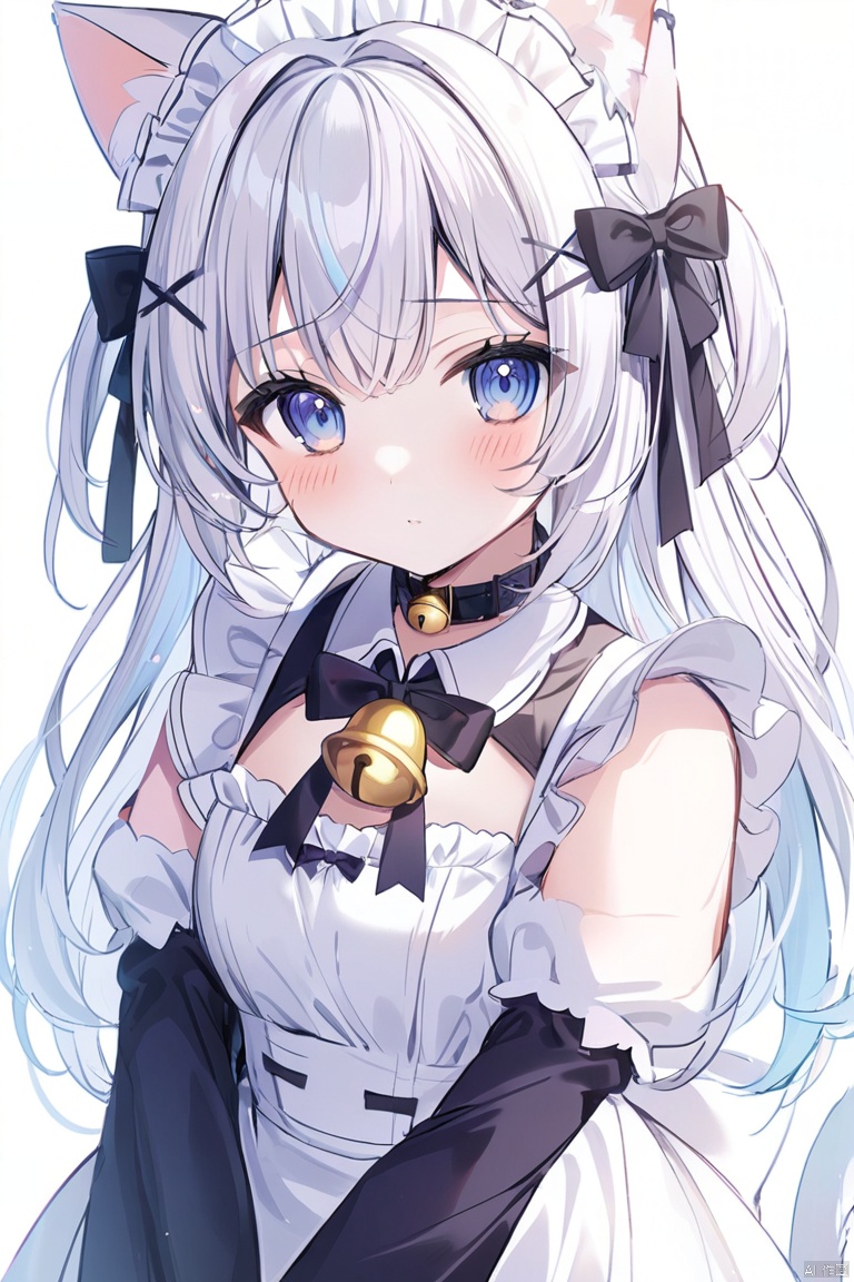  1girl, bell, jingle_bell, solo, animal_ears, long_hair, maid_headdress, neck_bell, black_bow, cat_ears, ribbon, hair_ribbon, maid, black_ribbon, blush, bow, upper_body, looking_at_viewer, puffy_sleeves
