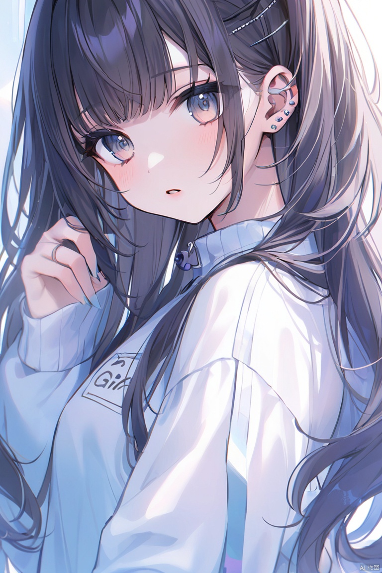 1girl, earrings, piercing, ear_piercing, long_hair, solo, jewelry, looking_at_viewer, clothing_cutout, parted_lips, shirt, bangs, long_sleeves