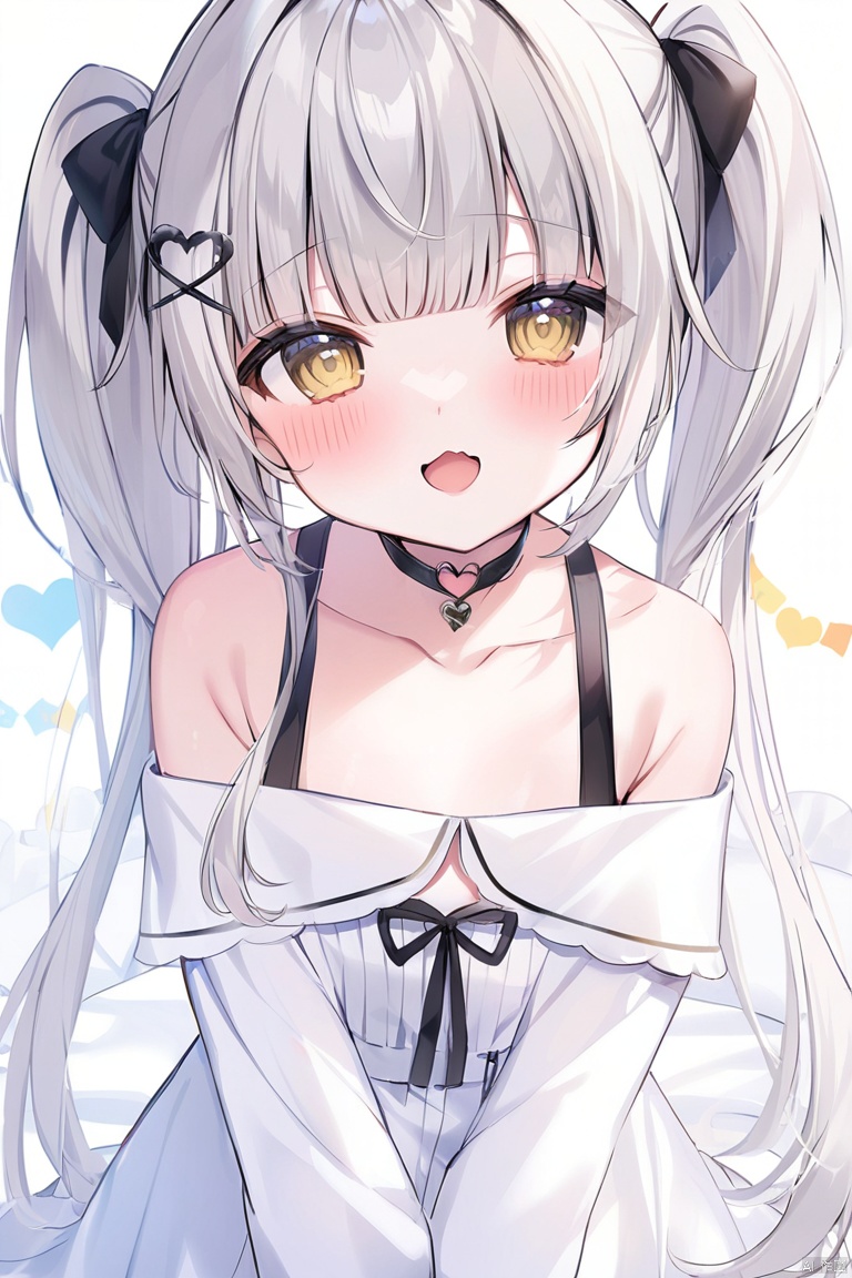 1girl, virtual_youtuber, long_hair, twintails, solo, heart, off_shoulder, open_mouth, blunt_bangs, blush, looking_at_viewer, bangs, yellow_eyes, grey_hair