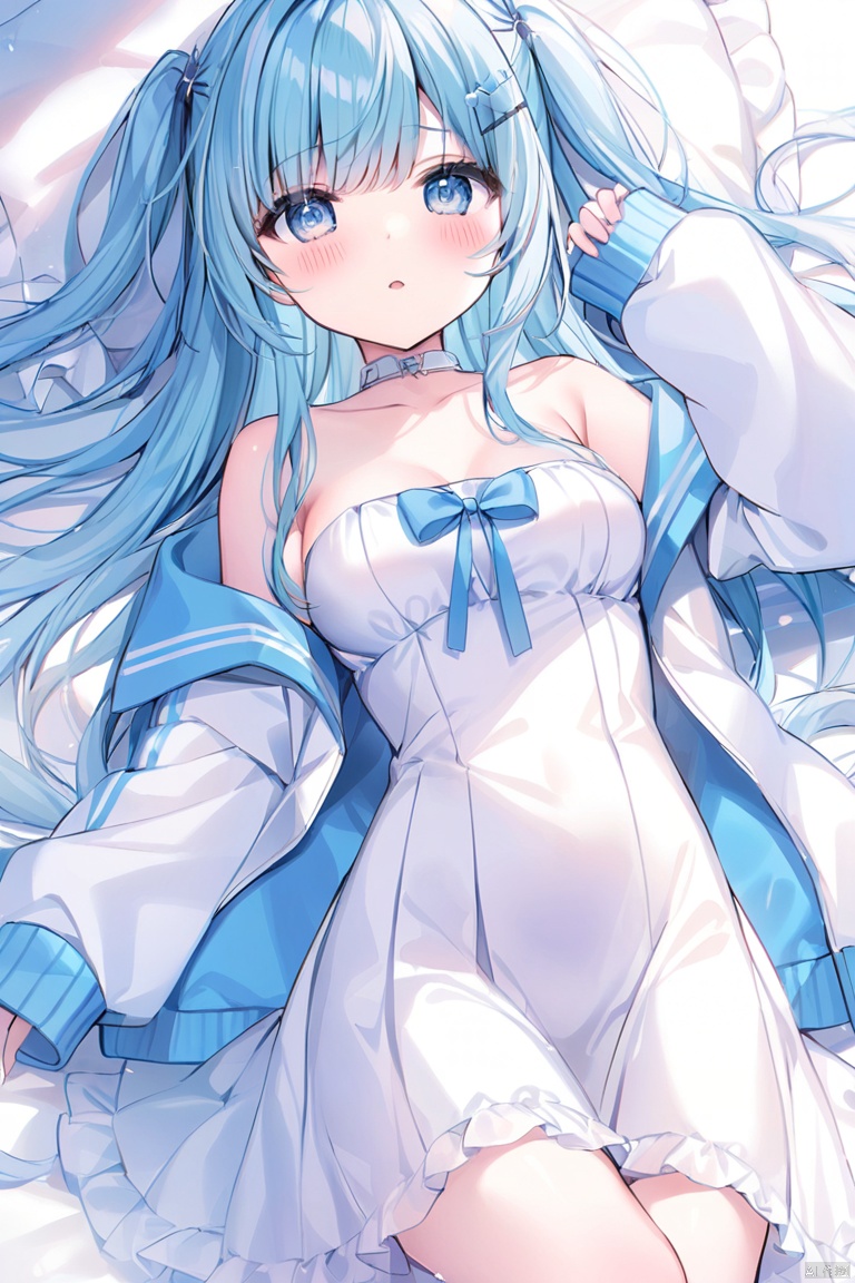 1girl, long_hair, solo, dress, on_back, breasts, hair_ornament, very_long_hair, jacket, open_jacket, white_dress, open_clothes, long_sleeves, lying, sleeves_past_wrists, hairclip, puffy_sleeves, bare_shoulders, off_shoulder, sleeveless, blush, bangs, parted_lips, eyebrows_visible_through_hair, sleeveless_dress, bow, ribbon, medium_breasts, two_side_up, looking_at_viewer