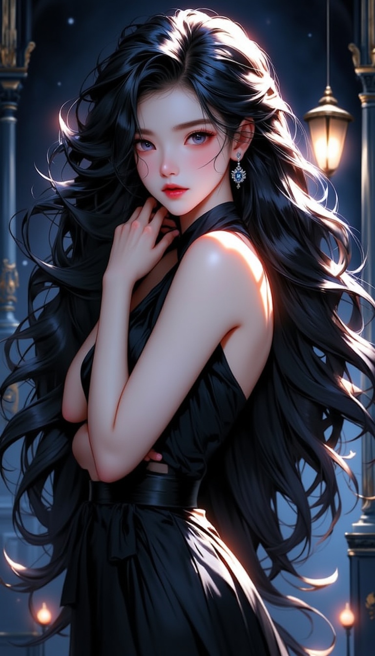 A mesmerizing piece of art captures the essence of Nachtmusik,  an enchanting woman. The image,  a painting on a grand can...