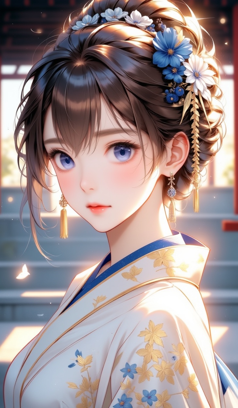 Close-up of a Japanese girl's face is adorned with a white kimono adorned with gold leaf designs. Her hair is styled in a...