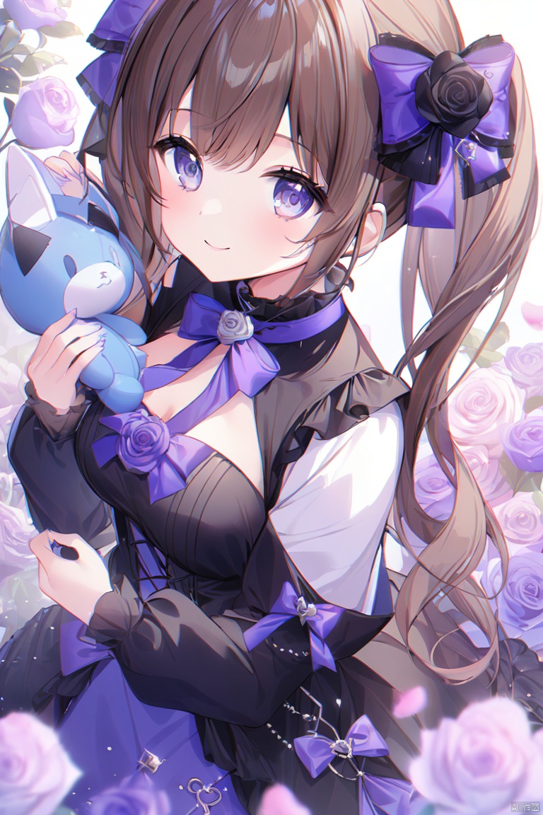 1girl, rose, flower, petals, white_flower, purple_flower, purple_rose, white_rose, black_flower, black_rose, blurry_foreground, breasts, brown_hair, twintails, stuffed_toy, blue_rose, blurry, blue_flower, bow, pink_rose, holding, dress, stuffed_animal, pink_flower, long_hair, long_sleeves, looking_at_viewer, smile, depth_of_field
