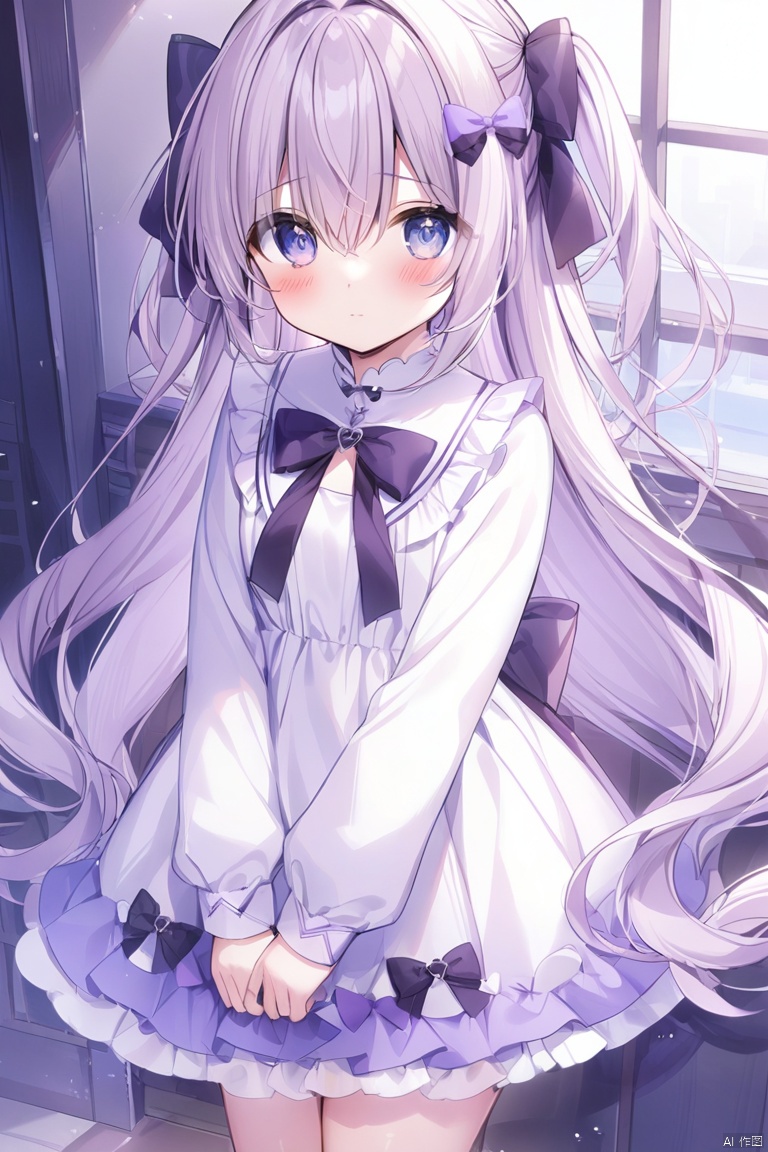  1girl, bow,  solo, long_hair, hair_bow, purple_bow, blush, black_bow, long_sleeves, hair_between_eyes, very_long_hair, closed_mouth, dress, eyebrows_visible_through_hair