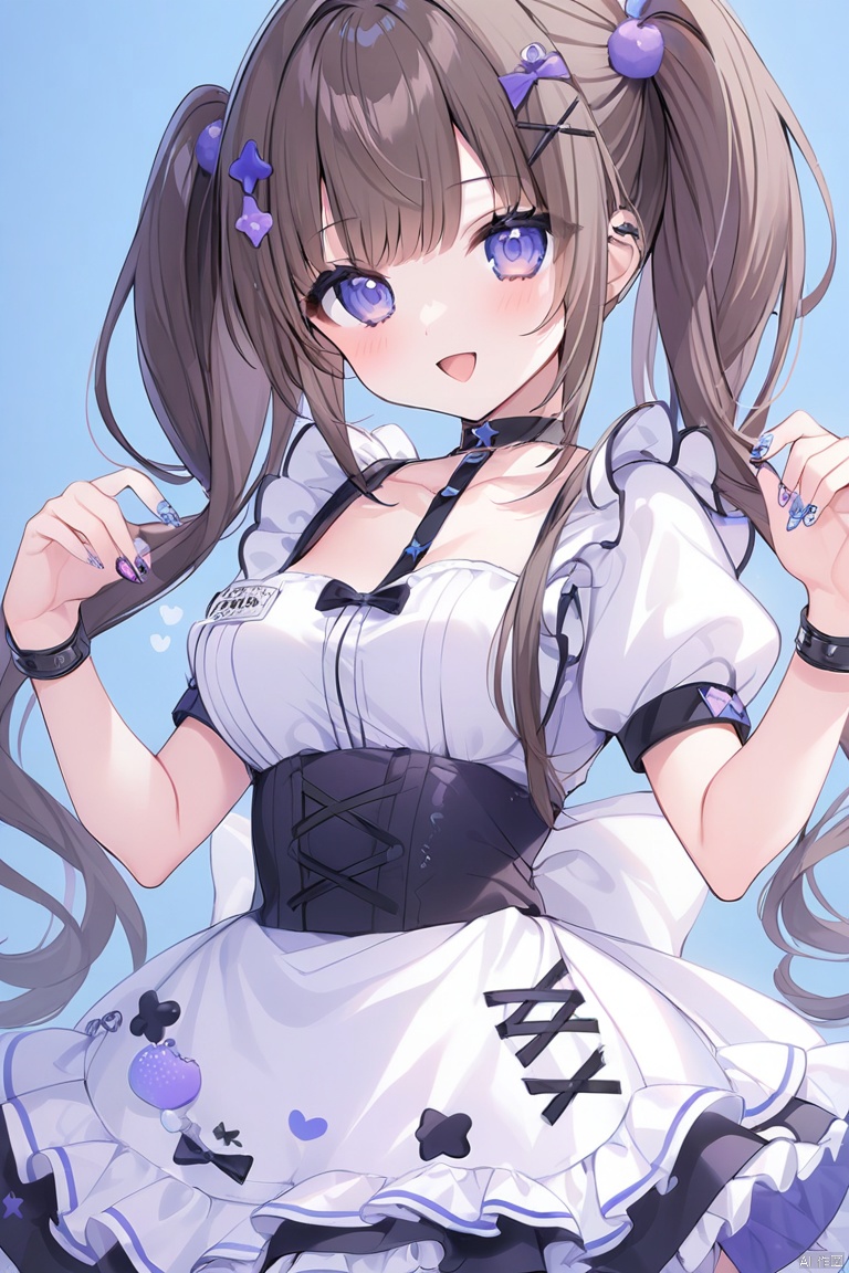 1girl, blue_nails, black_nails, multicolored_nails, x_hair_ornament, long_hair, brown_hair, apron, hair_ornament, twintails, star_\(symbol\), solo, purple_nails, looking_at_viewer, star_hair_ornament, breasts, puffy_sleeves, waist_apron, puffy_short_sleeves, choker, short_sleeves, smile, blue_background, nail_art,nail_polish