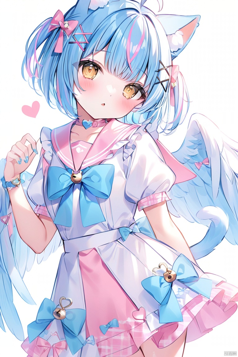 1girl, solo, looking at viewer, blush, short hair, bangs, skirt, shirt, hair ornament, white background, bow, animal ears, blue hair, standing, yellow eyes, white shirt, ahoge, short sleeves, heart, multicolored hair, cowboy shot, frills, parted lips, wings, puffy sleeves, virtual youtuber, cat ears, hand up, bowtie, sailor collar, nail polish, puffy short sleeves, streaked hair, animal ear fluff, head tilt, plaid, bell, blue bow, x hair ornament, feathered wings, pink skirt, arm behind back, kemonomimi mode, pink sailor collar
