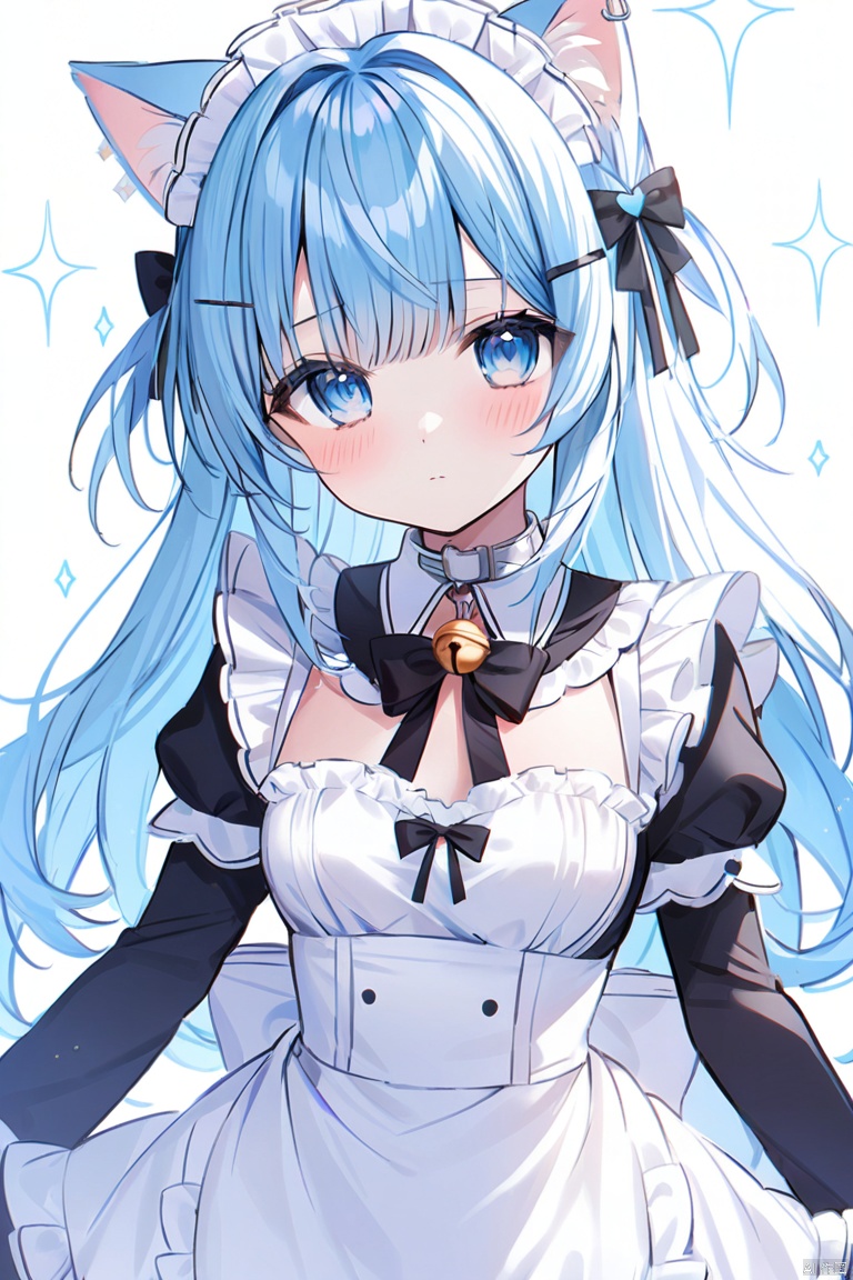 1girl, solo, long hair, looking at viewer, blush, bangs, blue eyes, simple background, hair ornament, white background, dress, bow, ribbon, animal ears, closed mouth, blue hair, upper body, frills, hairclip, cat ears, apron, black dress, collar, maid, maid headdress, sparkle, bell, detached collar, white apron, jingle bell, neck bell, maid apron, white collar