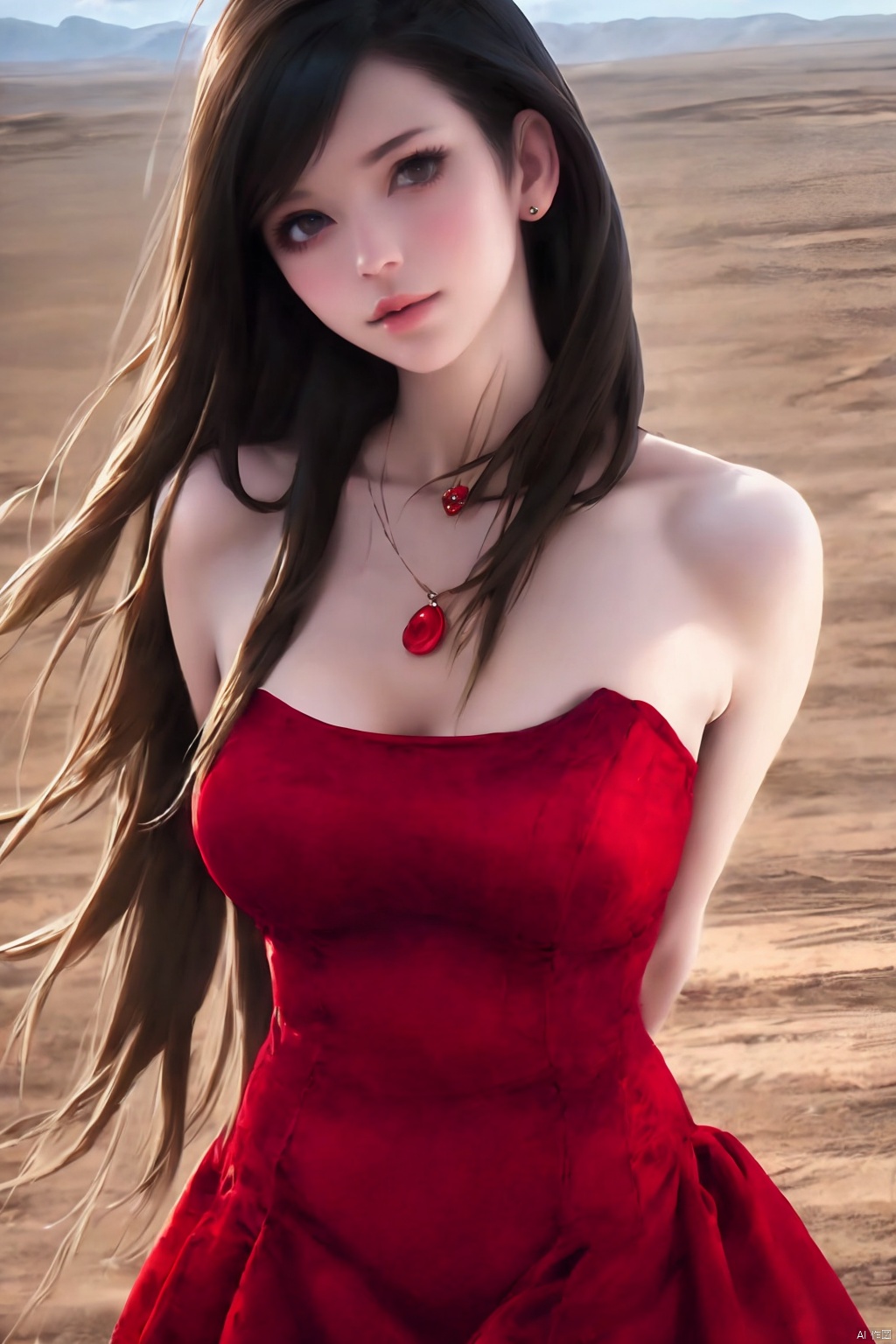 1girl solo long hair looking at viewer brown hair black hair dress bare shoulders jewelry outdoors necklace lips head tilt strapless arms behind back red dress strapless dress realistic