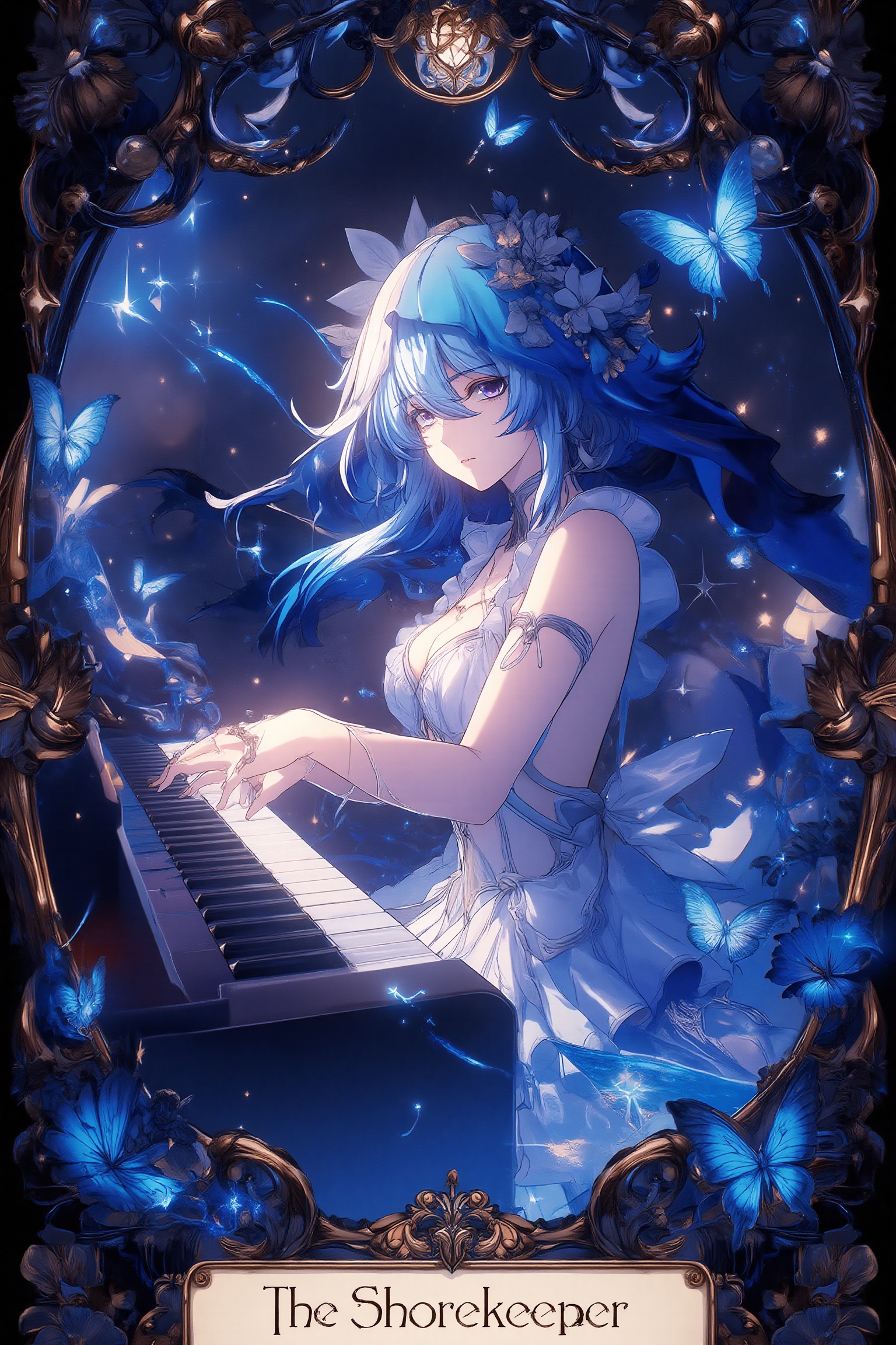 A tarot card that depicts a majestic scene: skpr,  a girl with blue hair,  purple eyes and an ethereal aura on Tensor.Art