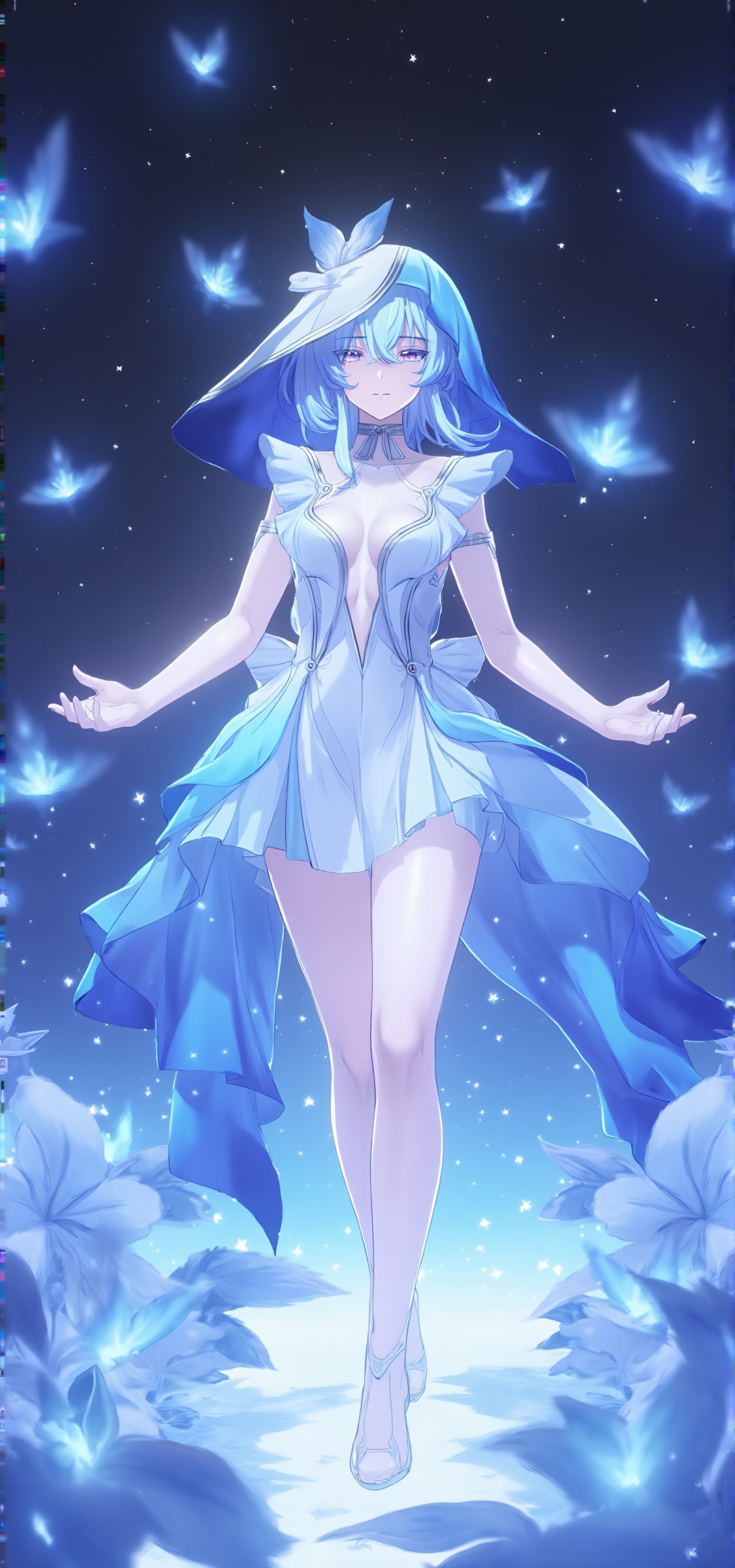 full body illustration of a young woman with blue hair and purple eyes,  extending both hands forward. She is standing aga...