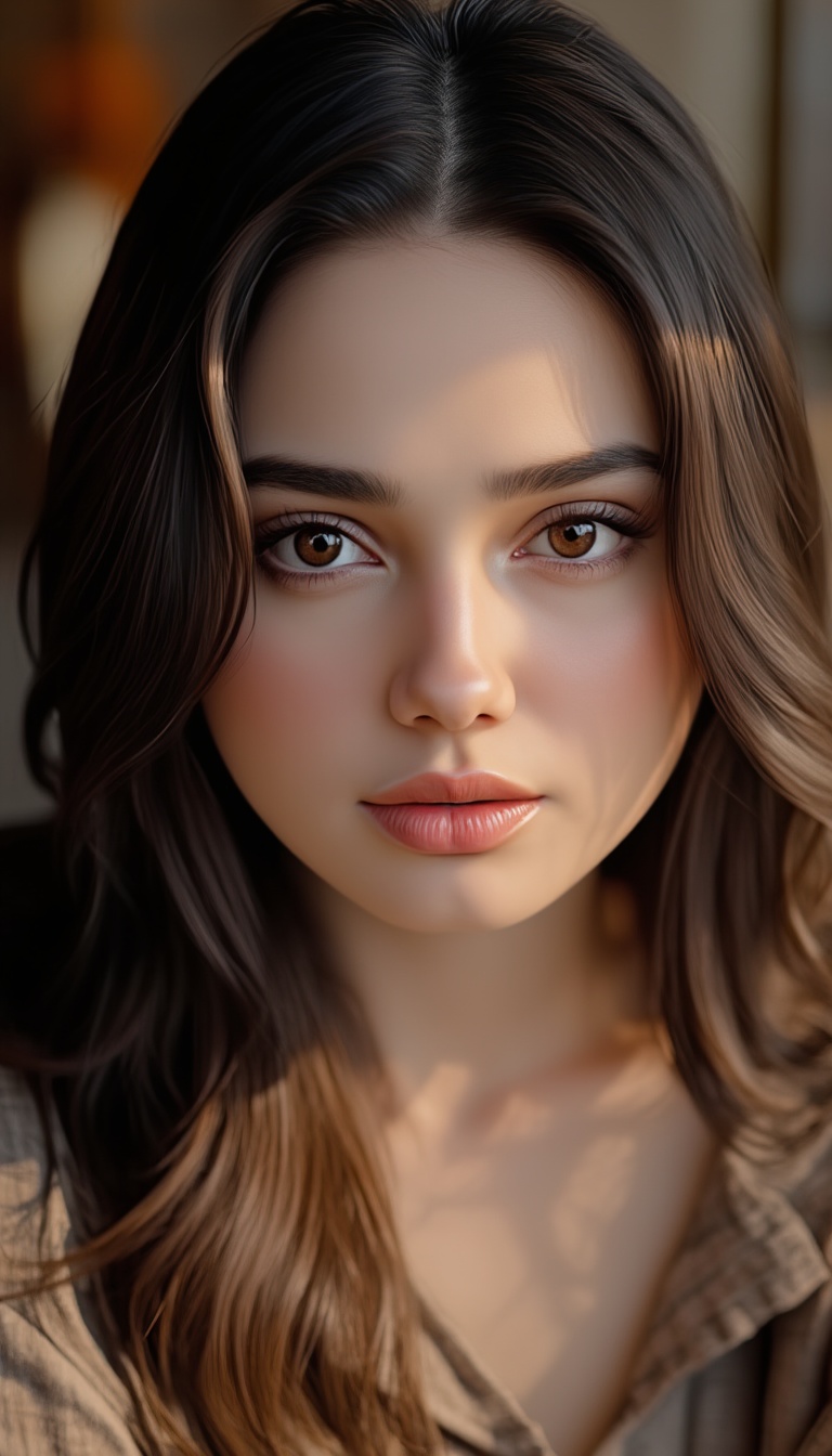 A close-up shot of a woman sitting in a cozy cafe,  her pale white skin and pink lips glisten under the warm lighting. Her...