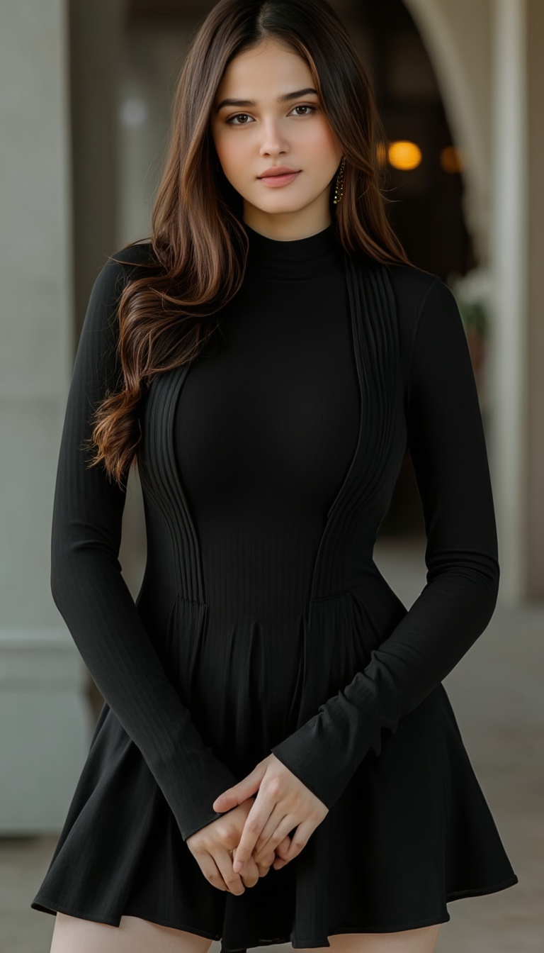 A stunning Korean girl with big,  dark eyes and delicate facial features poses solo in a tight black dress (turtle neck,...