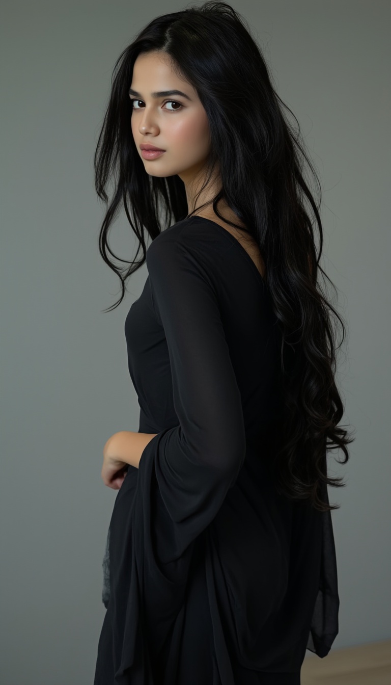 A young woman with long hair,  dark locks stands confidently,  her raven-black tresses cascading down her back like a wate...