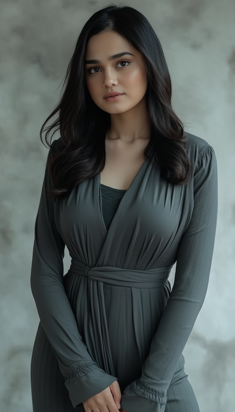 A young woman with long hair,  dark locks stands confidently,  her raven-black tresses cascading down her back like a wate...