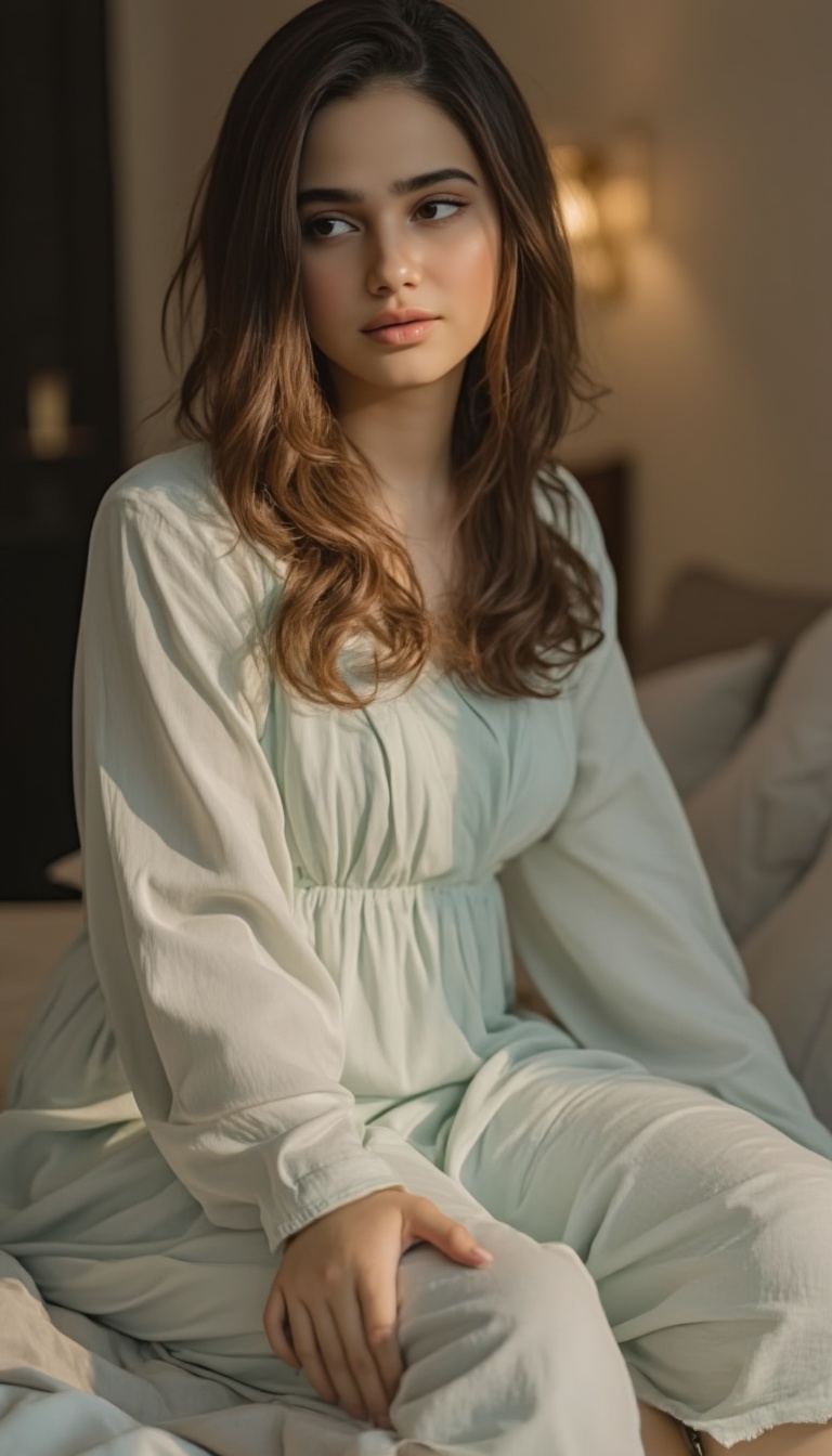 A serene scene unfolds: a girls full-body portrait,  radiating innocence in her Generation 1-girl pose. She sits on the ed...