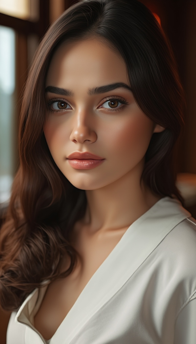 A close-up shot of a woman sitting in a cozy cafe,  her pale white skin and pink lips glisten under the warm lighting. Her...